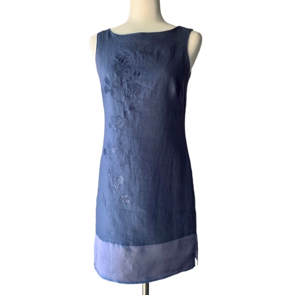 _ 90s Vintage Max Studio embroidered indigo blue linen sundress - Picture 1 of 9